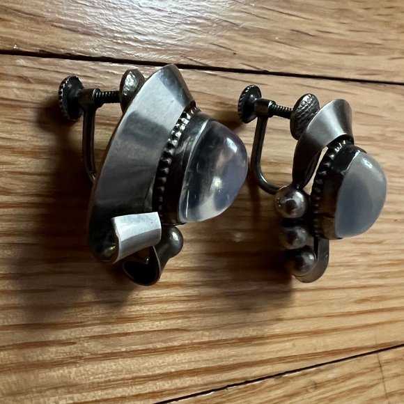 Walter Lampl Vintage Stamped Sterling Silver Moonstone Clip Earrings Excel Cond - Picture 3 of 16